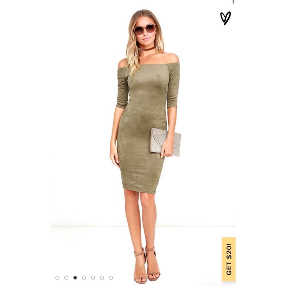 LULU’S  Olive green Suede Off the Shoulder Dress